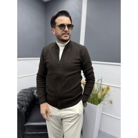 Erkek Kahverengi Tüylenme Yapmayan Standart Fit Normal Kesim Dik Yaka Fermuarlı Triko Hırka