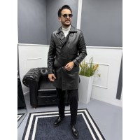 Velvet Erkek Siyah Deri Trençkot