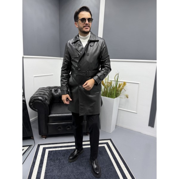 Velvet Erkek Siyah Deri Trençkot