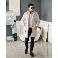 Erkek Açık Bej Düğmeli Kuşaklı Trençkot