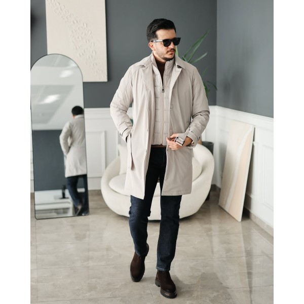 Erkek Açık Bej Düğmeli Kuşaklı Trençkot