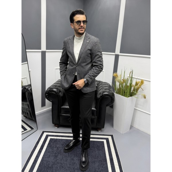 İtalyan Stil Slim Fit Kazayağı Desen Erkek Blazer Ceket