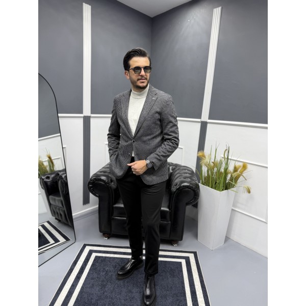 İtalyan Stil Slim Fit Kazayağı Desen Erkek Blazer Ceket
