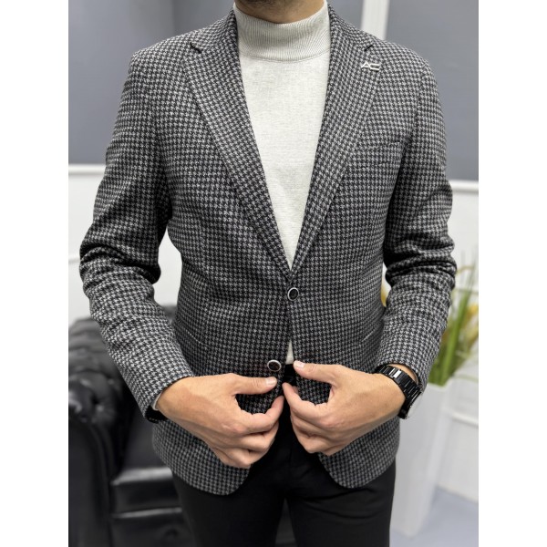 İtalyan Stil Slim Fit Kazayağı Desen Erkek Blazer Ceket