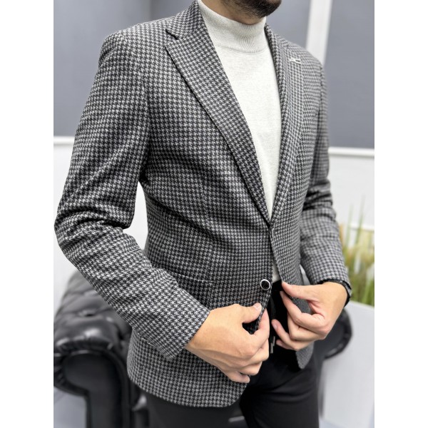 İtalyan Stil Slim Fit Kazayağı Desen Erkek Blazer Ceket