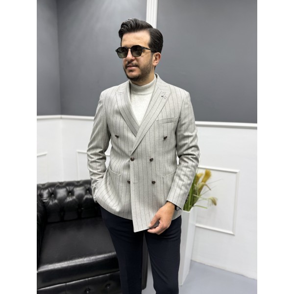 ModernFit Kruvaze Çizgili Erkek Blazer Ceket 