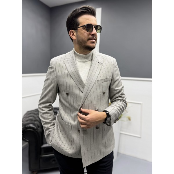 ModernFit Kruvaze Çizgili Erkek Blazer Ceket 