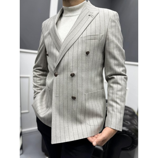 ModernFit Kruvaze Çizgili Erkek Blazer Ceket 