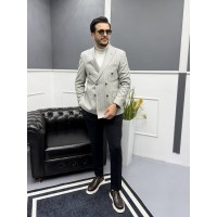ModernFit Kruvaze Çizgili Erkek Blazer Ceket 