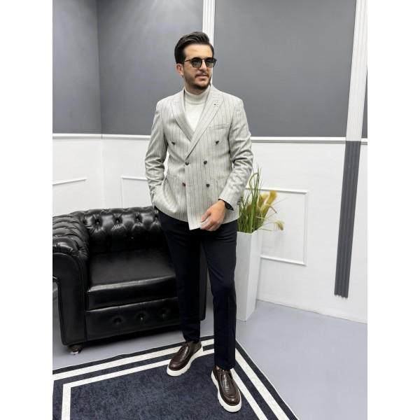 ModernFit Kruvaze Çizgili Erkek Blazer Ceket 