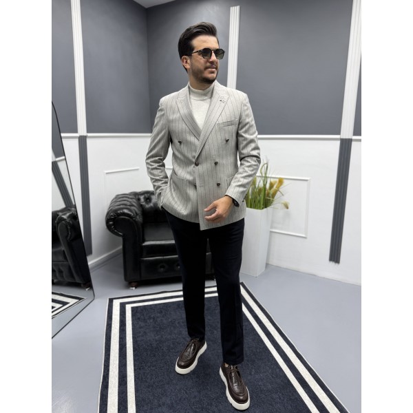 ModernFit Kruvaze Çizgili Erkek Blazer Ceket 