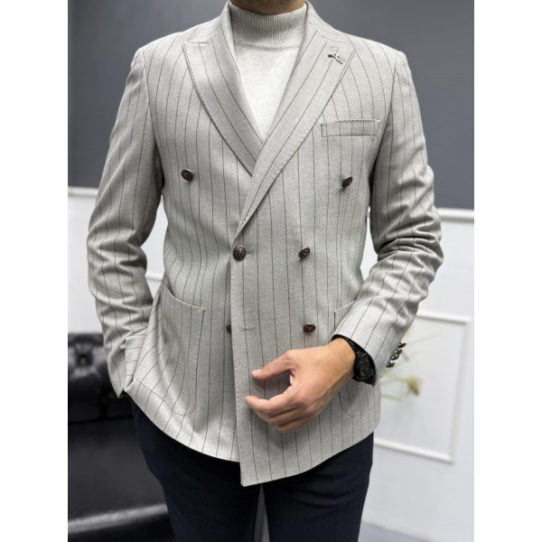 ModernFit Kruvaze Çizgili Erkek Blazer Ceket 