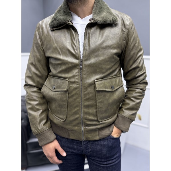 Kürklü Yaka Modern Erkek Deri Mont 