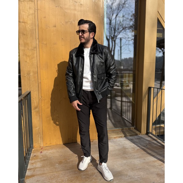 Kürklü Yaka Modern Erkek Deri Mont 