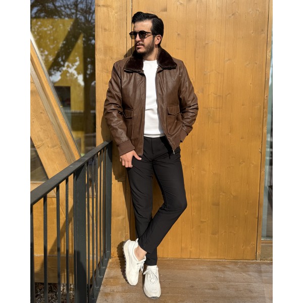 Kürklü Yaka Modern Erkek Deri Mont 