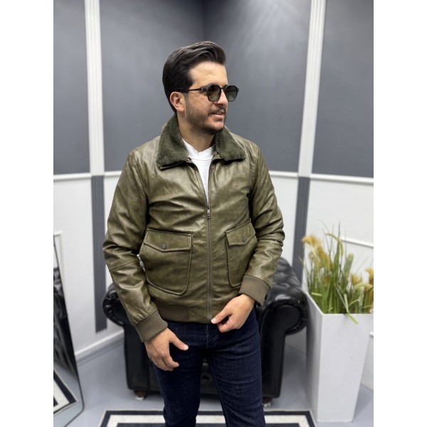 Kürklü Yaka Modern Erkek Deri Mont 