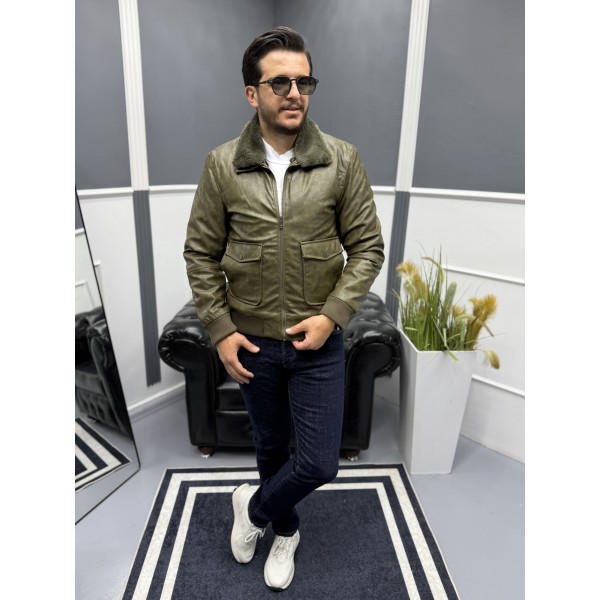 Kürklü Yaka Modern Erkek Deri Mont 