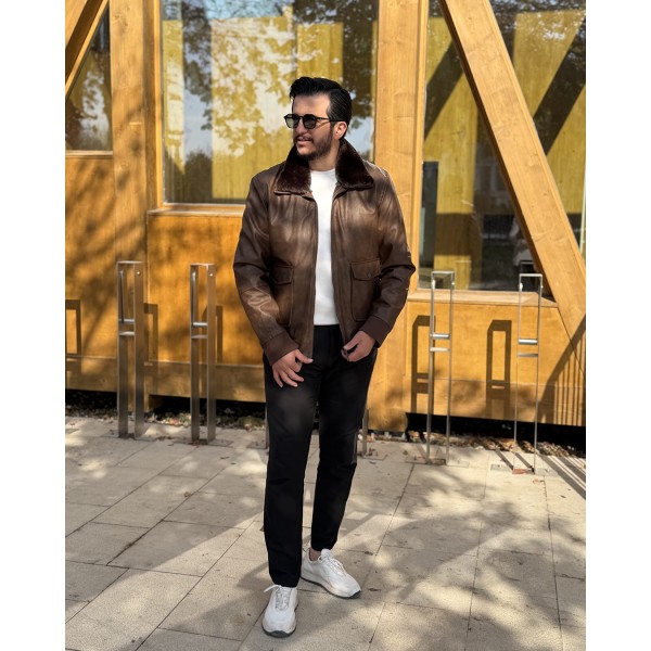 Kürklü Yaka Modern Erkek Deri Mont 