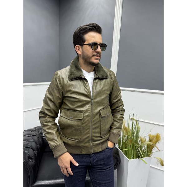 Kürklü Yaka Modern Erkek Deri Mont 