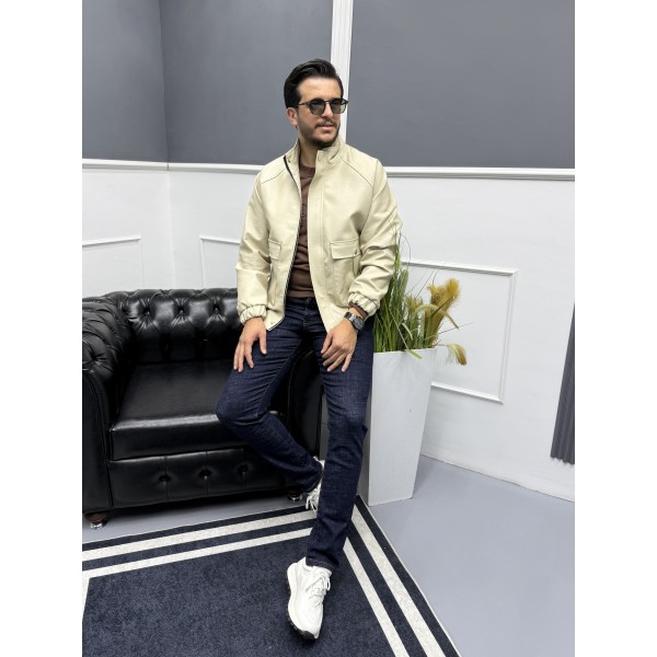 Modern Stand Collar Siyah Erkek Deri Bomber Mont 
