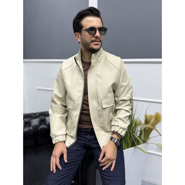 Modern Stand Collar Siyah Erkek Deri Bomber Mont 