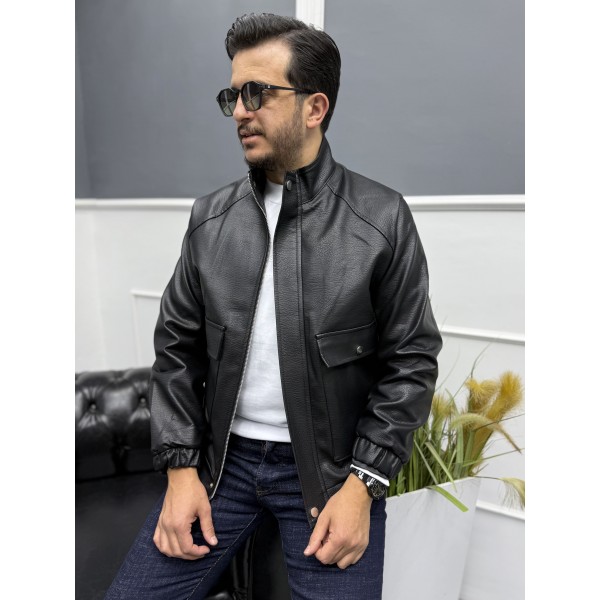Modern Stand Collar Siyah Erkek Deri Bomber Mont 