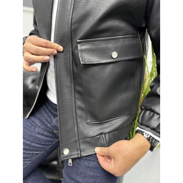 Modern Stand Collar Siyah Erkek Deri Bomber Mont 
