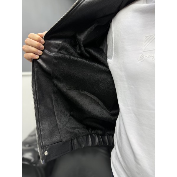 Modern Stand Collar Siyah Erkek Deri Bomber Mont 