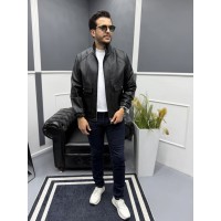 Modern Stand Collar Siyah Erkek Deri Bomber Mont 