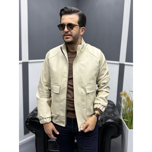 Modern Stand Collar Siyah Erkek Deri Bomber Mont 