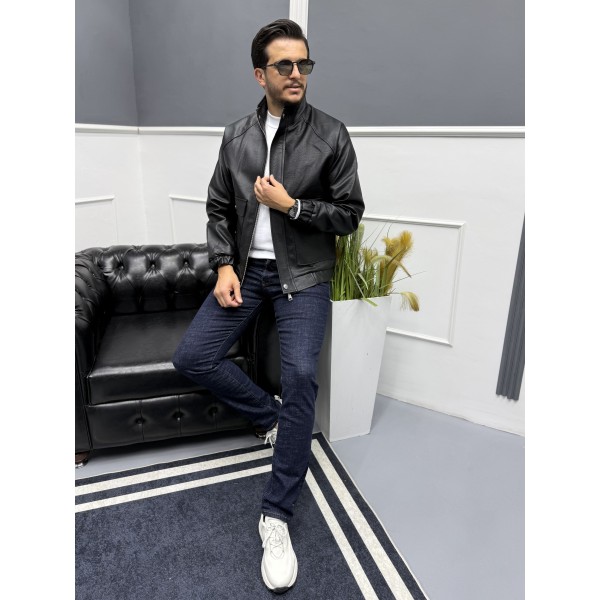Modern Stand Collar Siyah Erkek Deri Bomber Mont 
