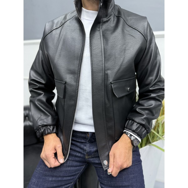 Modern Stand Collar Siyah Erkek Deri Bomber Mont 