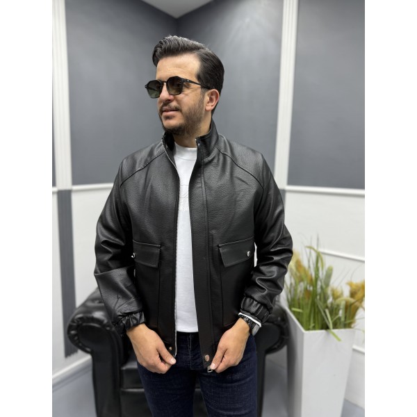 Modern Stand Collar Siyah Erkek Deri Bomber Mont 