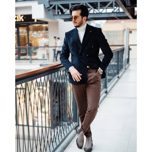 Erkek Slim Fit Kruvaze Kadife Ceket