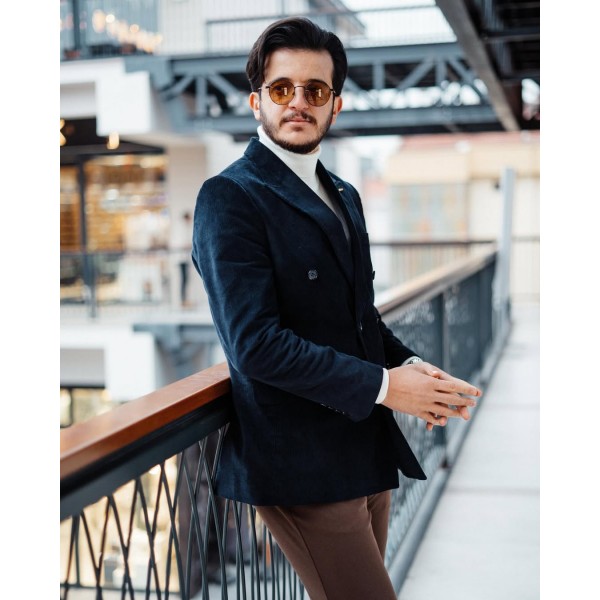 Erkek Slim Fit Kruvaze Kadife Ceket