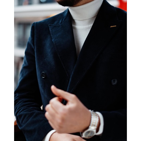 Erkek Slim Fit Kruvaze Kadife Ceket