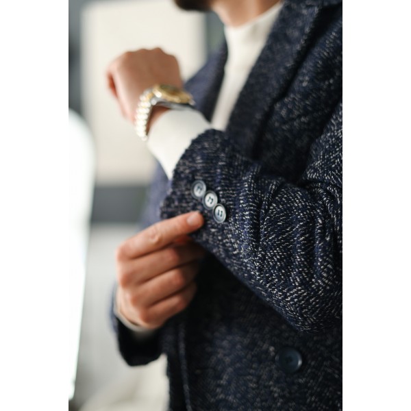 Classic Slim Fit Erkek Kaşe Kaban Lacivert