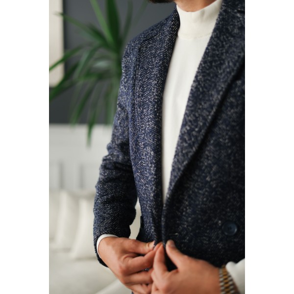 Classic Slim Fit Erkek Kaşe Kaban Lacivert