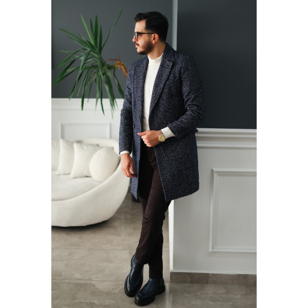 Classic Slim Fit Erkek Kaşe Kaban Lacivert