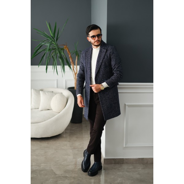 Classic Slim Fit Erkek Kaşe Kaban Lacivert