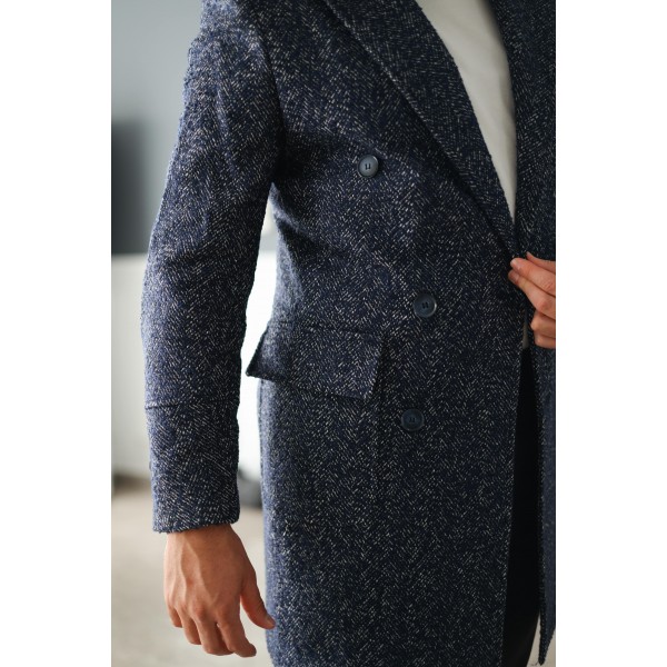 Classic Slim Fit Erkek Kaşe Kaban Lacivert