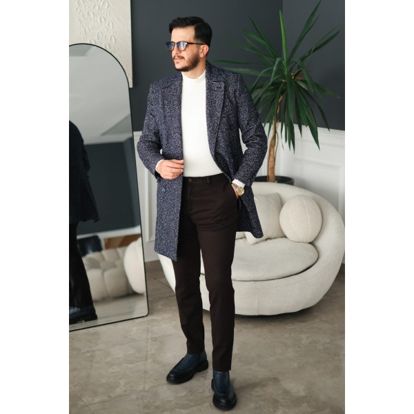 Classic Slim Fit Erkek Kaşe Kaban Lacivert