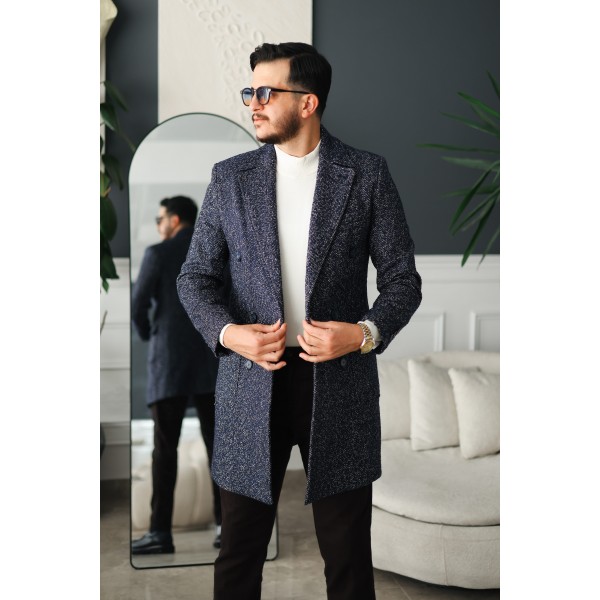 Classic Slim Fit Erkek Kaşe Kaban Lacivert