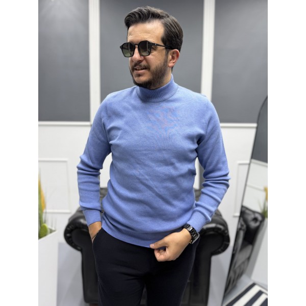 Modern Erkek Slim Fit Balıkçı Yaka %100 Pamuk Pike Örgü Triko Kazak