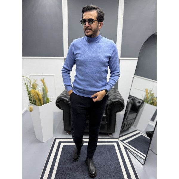 Modern Erkek Slim Fit Balıkçı Yaka %100 Pamuk Pike Örgü Triko Kazak