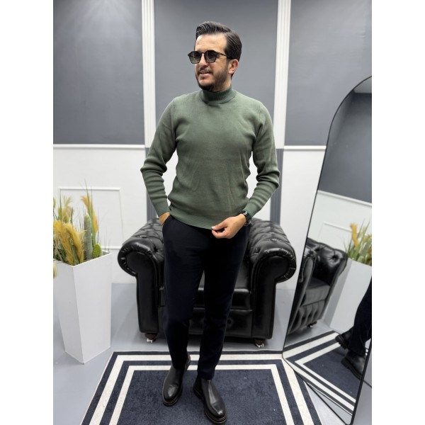 Modern Erkek Slim Fit Balıkçı Yaka %100 Pamuk Pike Örgü Triko Kazak