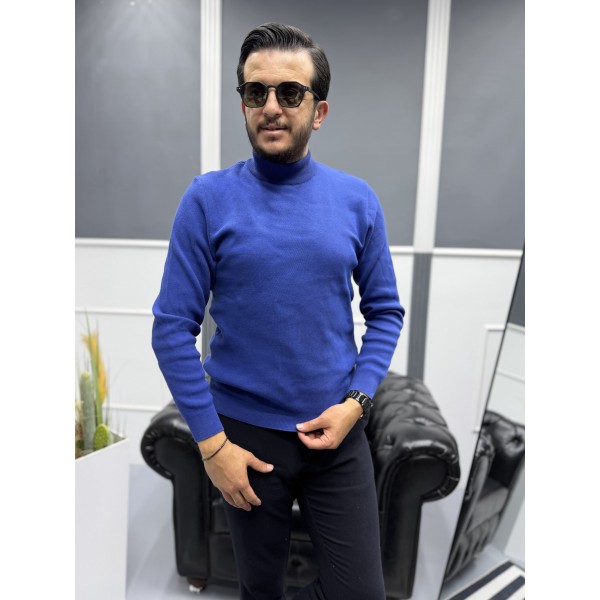 Modern Erkek Slim Fit Balıkçı Yaka %100 Pamuk Pike Örgü Triko Kazak
