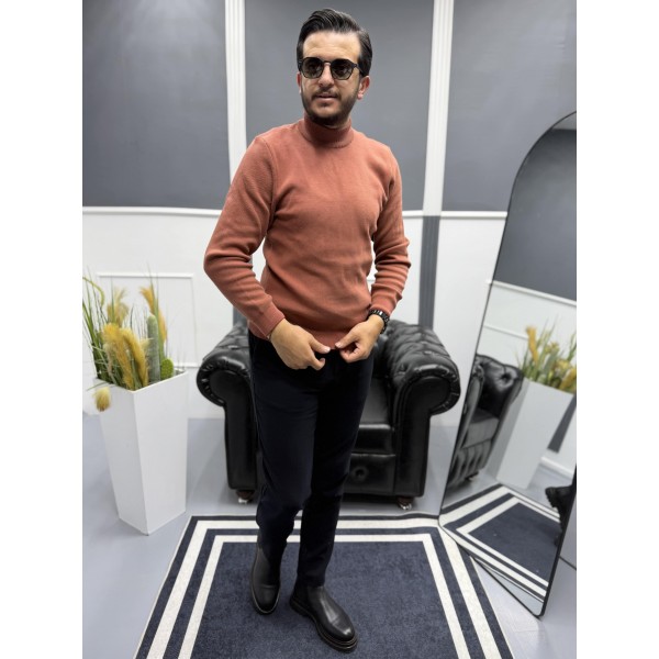 Modern Erkek Slim Fit Balıkçı Yaka %100 Pamuk Pike Örgü Triko Kazak