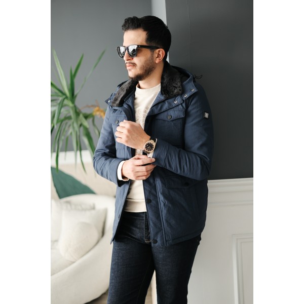 Erkek Lacivert Kapüşonlu Kürk Yakalı Kışlık Mont