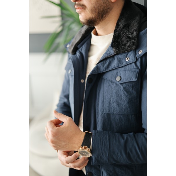 Erkek Lacivert Kapüşonlu Kürk Yakalı Kışlık Mont